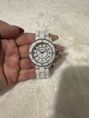 CHANEL White Ceramic J12 Bracelet Watch with Silver Accents